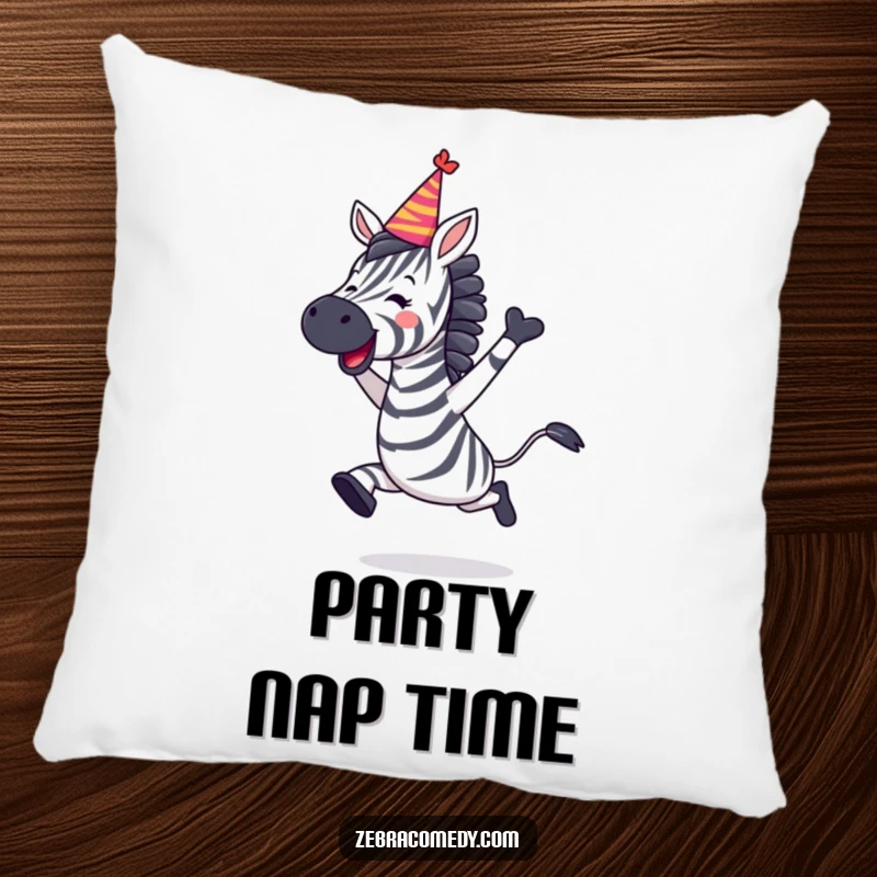 Funny Zebra Pillow showing a zebra leaping with joy and wearing a party hat, combining comfort and fun.
