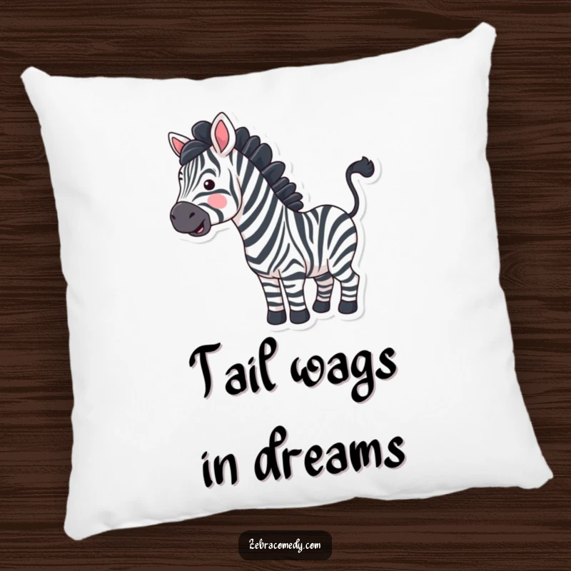 Funny zebra with exaggerated wavy stripes happily wiggling its tail, depicted on a comfortable pillow.