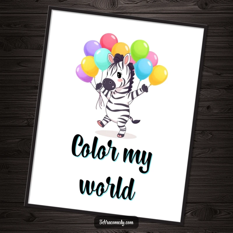 Funny Digital Art Print of a happy zebra character joyfully dancing with a large bouquet of colorful balloons, perfect for whimsical wall decor.