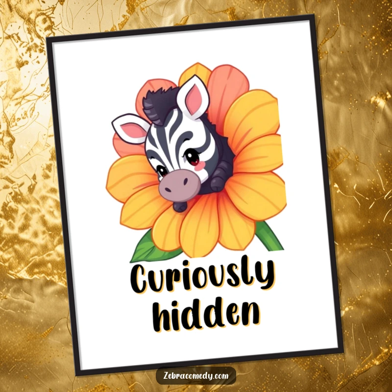 Funny digital art print of a curious zebra character peeking from behind a flower, a delightful and humorous printable wall art.