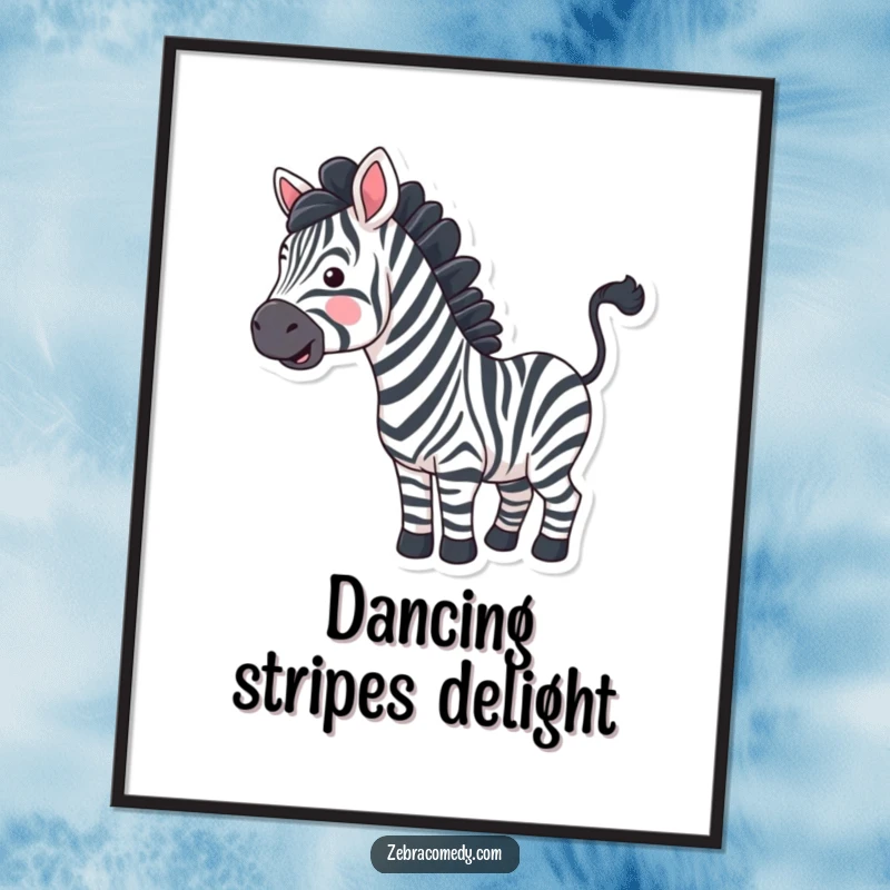 Funny zebra with exaggerated wavy stripes happily wiggling its tail, offered as a high-resolution digital art print.