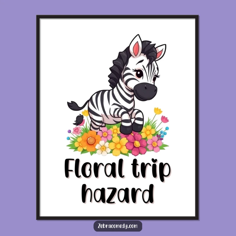Funny Zebra Slipping Flowers Digital Art Print - Comical Cartoon Decor