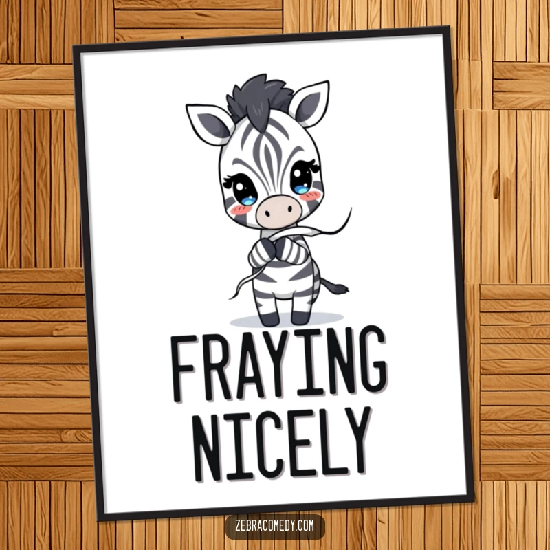 Funny Digital Art Print of a zebra character playfully tugging at a loose stripe that is comically unraveling, perfect for humorous decor.