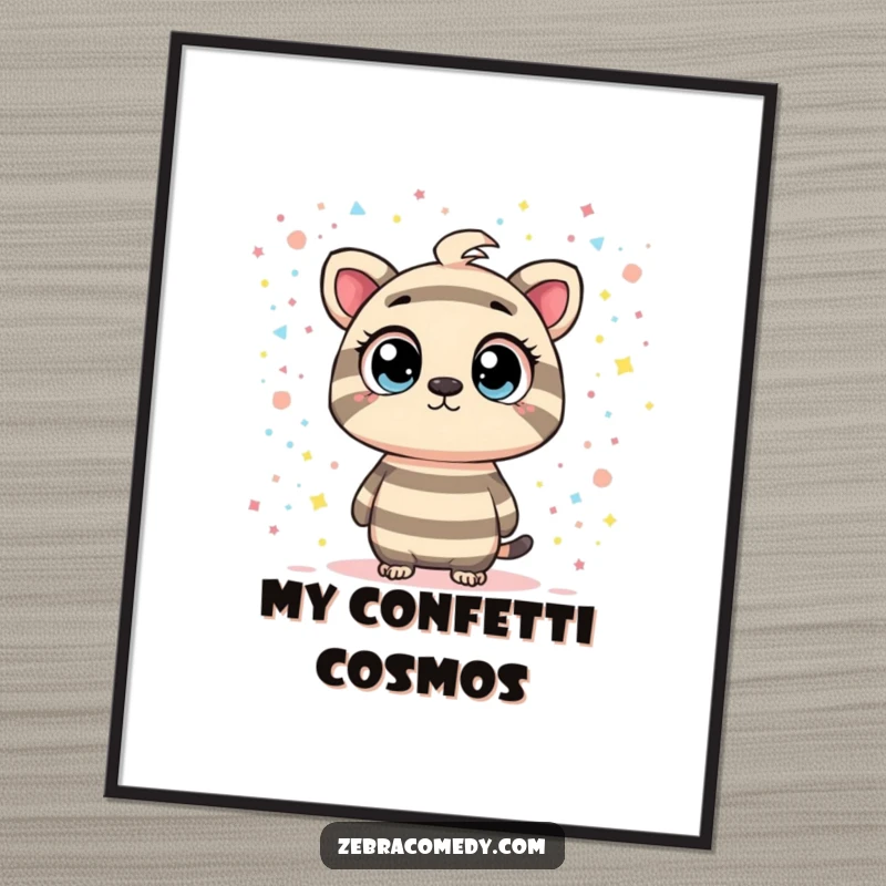 Funny digital art print featuring a striped character with curious eyes observing a swirling confetti galaxy, ideal for instant cosmic wall decor.