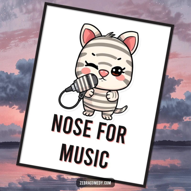 Funny Striped Microphone Digital Art Print: A mischievous striped character winks while balancing a microphone on its nose.