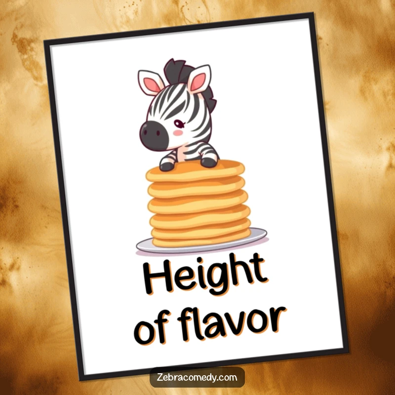 Funny tiny zebra pancake digital art print, a humorous illustration of a small zebra precariously balancing pancakes, ready for instant download.