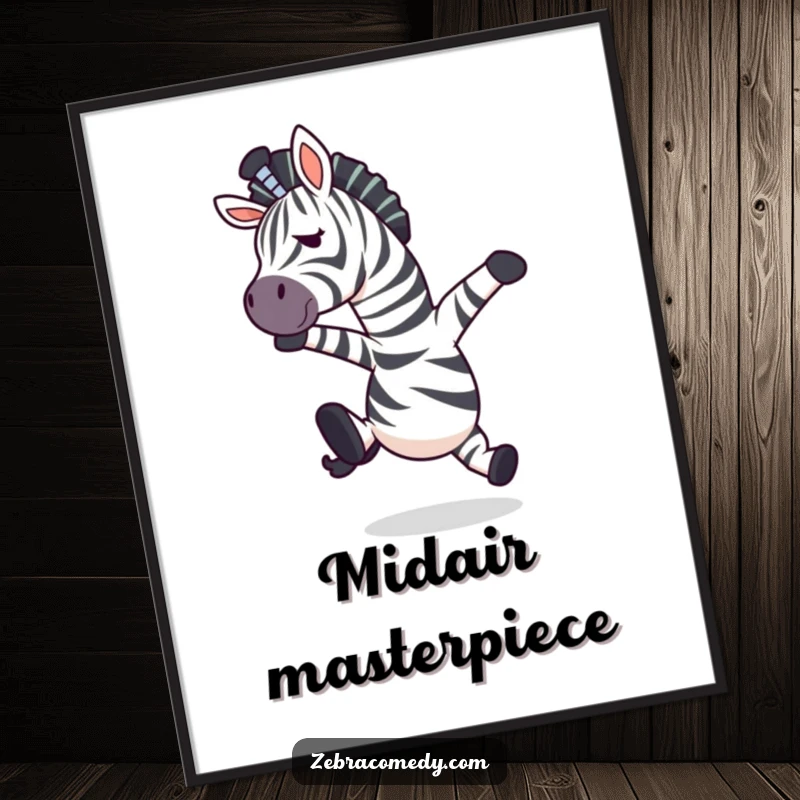 Funny zebra character in a mid-air surprise pose after tripping, offered as a high-resolution digital art print.