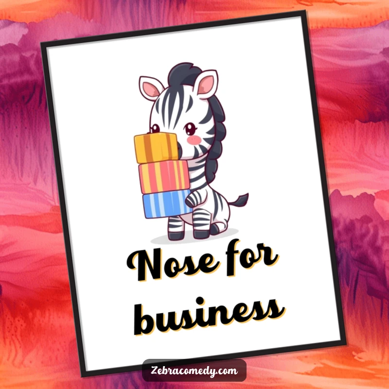 Funny Zebra Digital Art Print: A skilled zebra artistically balances a tall stack of colorful striped cubes on its nose, creating whimsical decor.