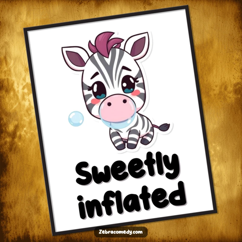 Funny digital art print of a cheerful zebra character blowing a bubble, a delightful and humorous printable wall art.