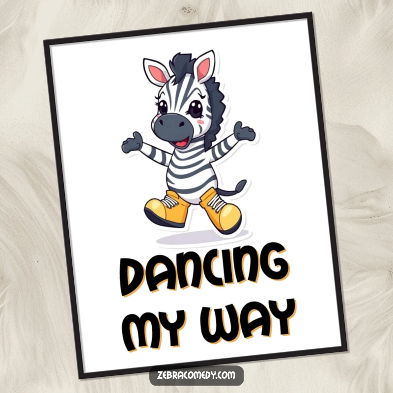 Funny Zebra Digital Art Print: A vibrant, high-quality image of a zebra in oversized shoes doing a comical silly dance with a grin.