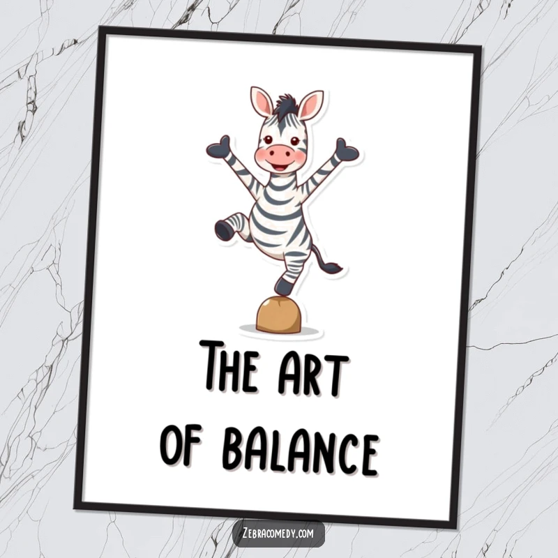 Funny Zebra Digital Art Print: High-quality art of a zebra balancing perfectly on one hoove, arms spread wide in absolute delight.