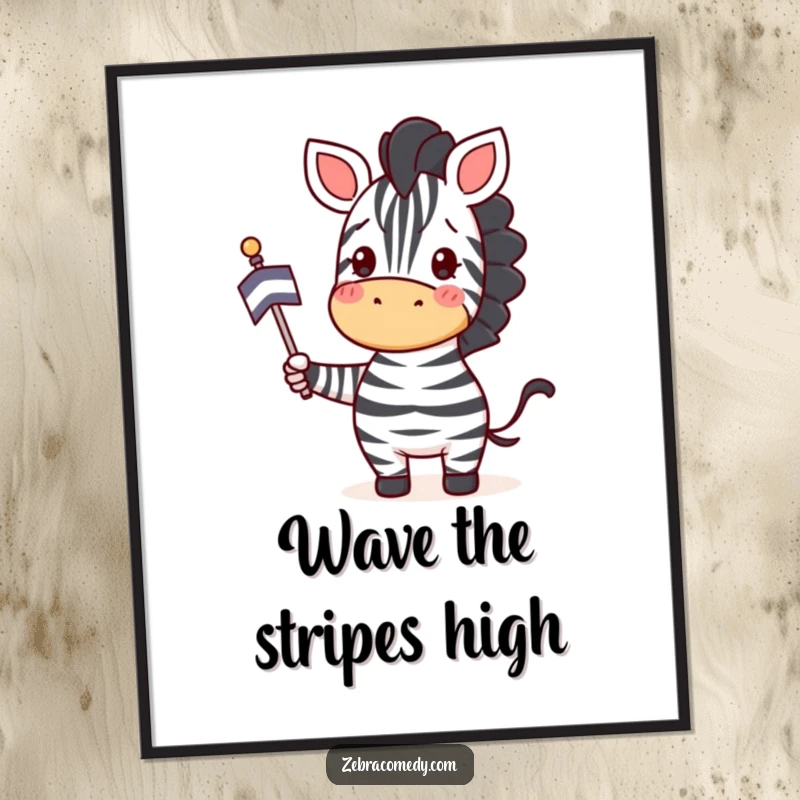 Funny Zebra Digital Art: A happy zebra enthusiastically waves a striped flag, a vibrant and joyful artwork for your walls.