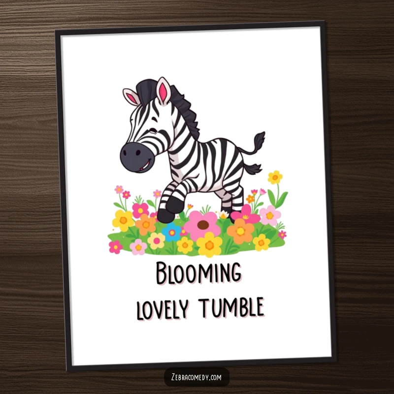 Funny digital art print of a zebra comically slipping on a colorful patch of flowers, instant downloadable humor.