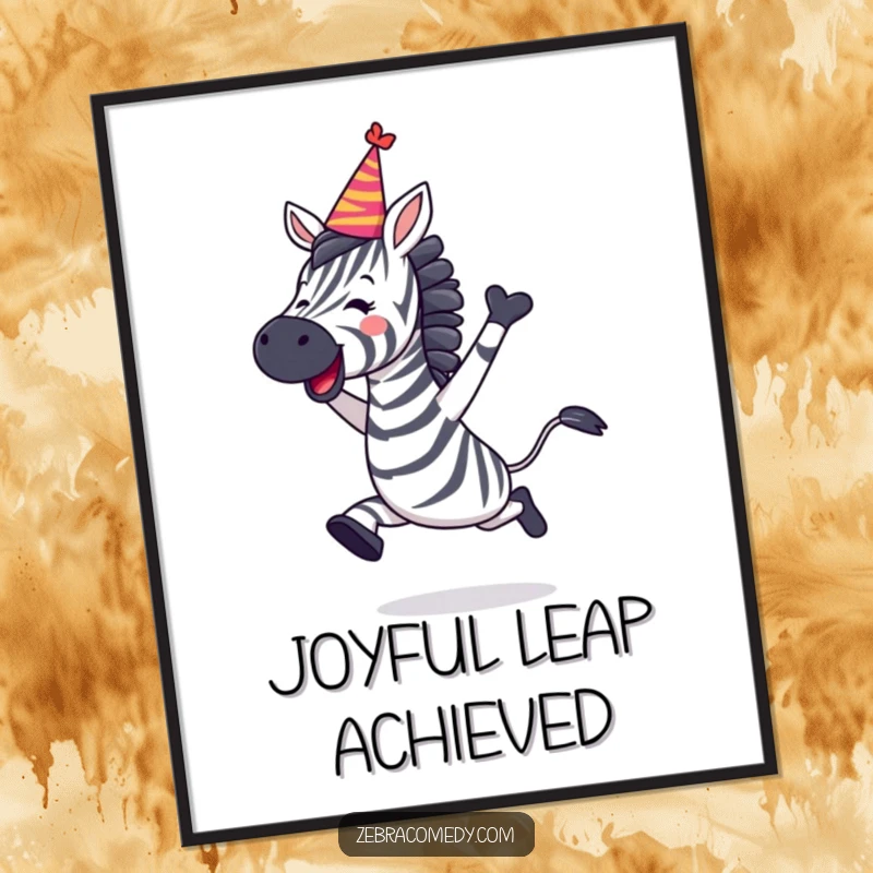 Funny Zebra Digital Art Print of a zebra leaping with joy and wearing a party hat, perfect for festive decor.