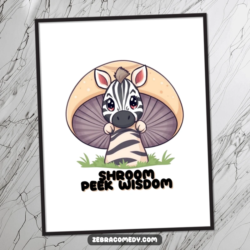 Funny zebra with wide, curious eyes peeking over a large striped mushroom, a magical and amusing digital art print.