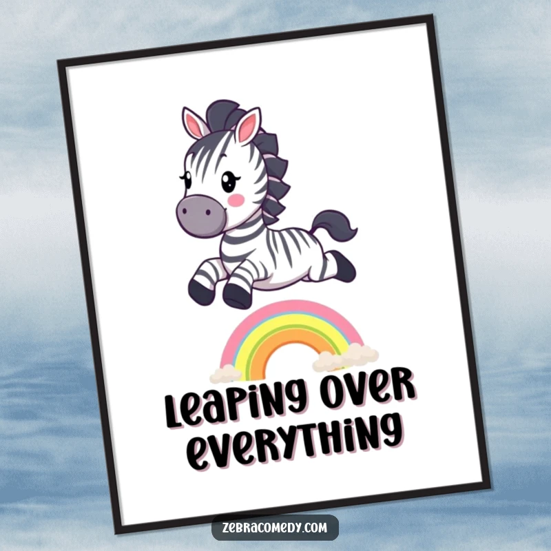 Funny Zebra Digital Art Print: A vibrant, high-quality image of a happy zebra character leaping over a small rainbow.
