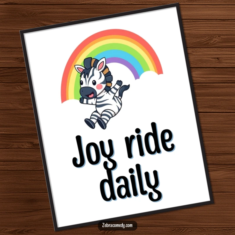 Funny Zebra Digital Art Print: A joyful zebra slides down a vibrant rainbow, shouting with pure delight, creating uplifting and humorous decor.