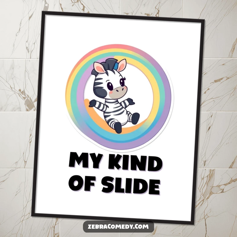 Funny Zebra Digital Art Print: A cartoon zebra gleefully sliding down a rainbow, full of color, gift idea.