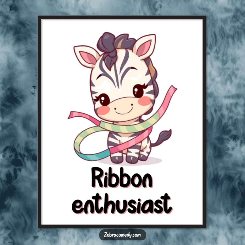 Funny digital art print of a smiling zebra character playfully tangled in a whimsical ribbon, perfect for adding humorous decor.