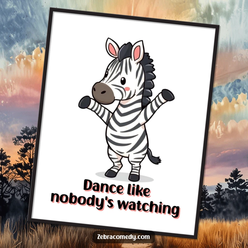 Funny zebra performing a hilarious silly dance with front legs in the air, a lively and amusing digital art print.