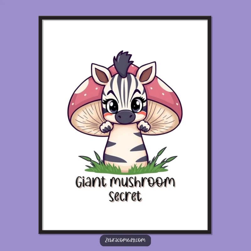 Funny Zebra Digital Art: Mushroom Peek Curiosity, Instant Download Gift