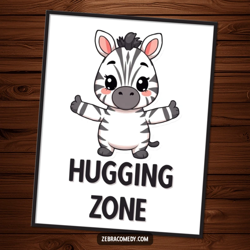 Funny fuzzy zebra digital art print, a cute zebra with arms outstretched, ready for a humorous hug, perfect for instant decor.