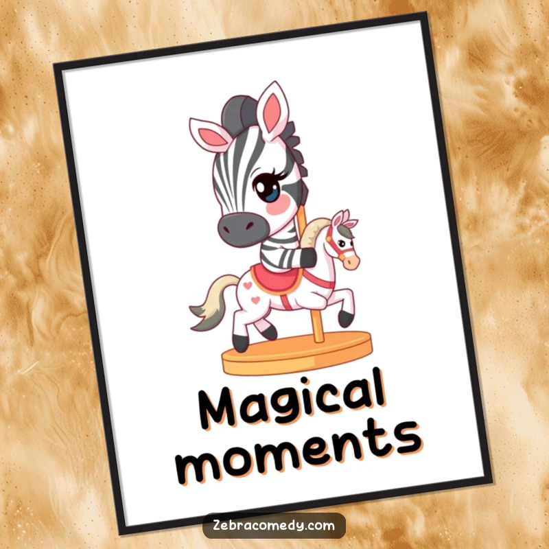 Funny Digital Art Print of a zebra character with a mischievous wink, riding a miniature carousel horse, perfect for whimsical decor.