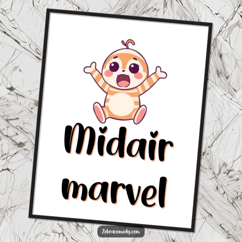 Funny digital art print capturing a surprised striped character in a dynamic, joyful mid-air jump, perfect for instant home decoration.