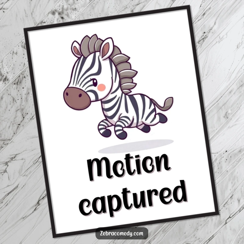 Funny Digital Art Print: A zebra character bounces with dynamic, blurred stripes, capturing lively motion and humorous energy for wall decor.