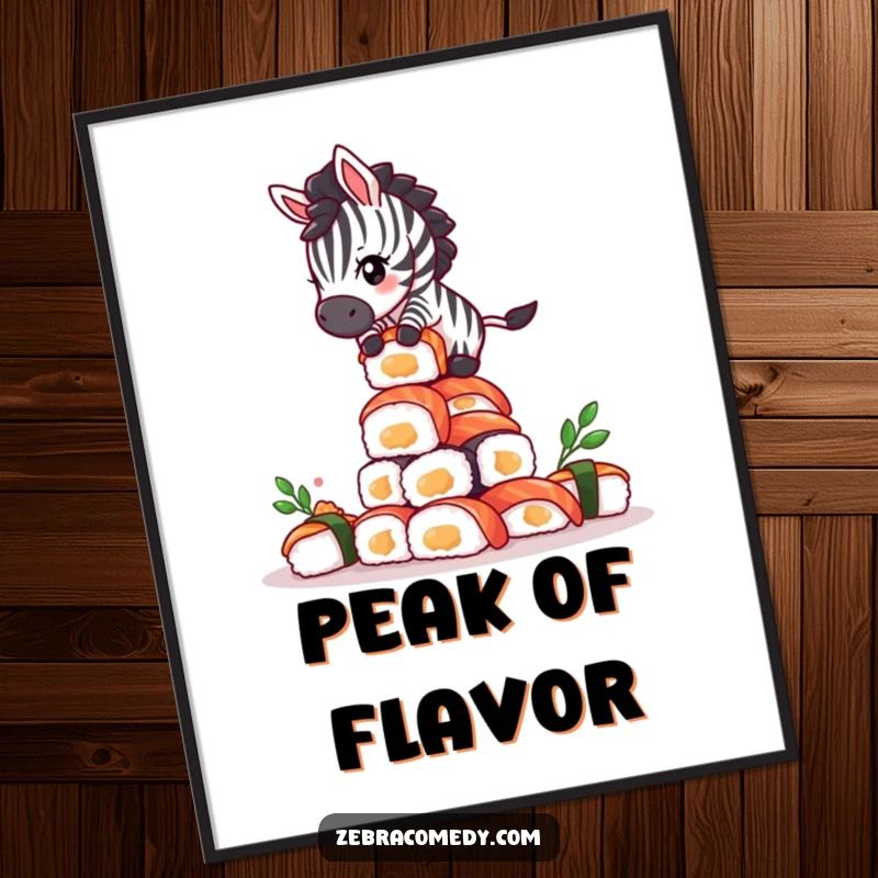 Funny Giddy Zebra Sushi Digital Art: A dizzy zebra balancing on a teetering sushi tower, a whimsical illustration.