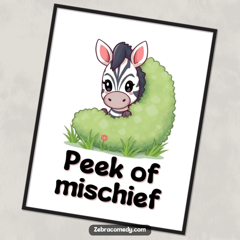 Funny peeking zebra digital art print, a playful illustration of a zebra peeking from behind a bush, ready for instant download.