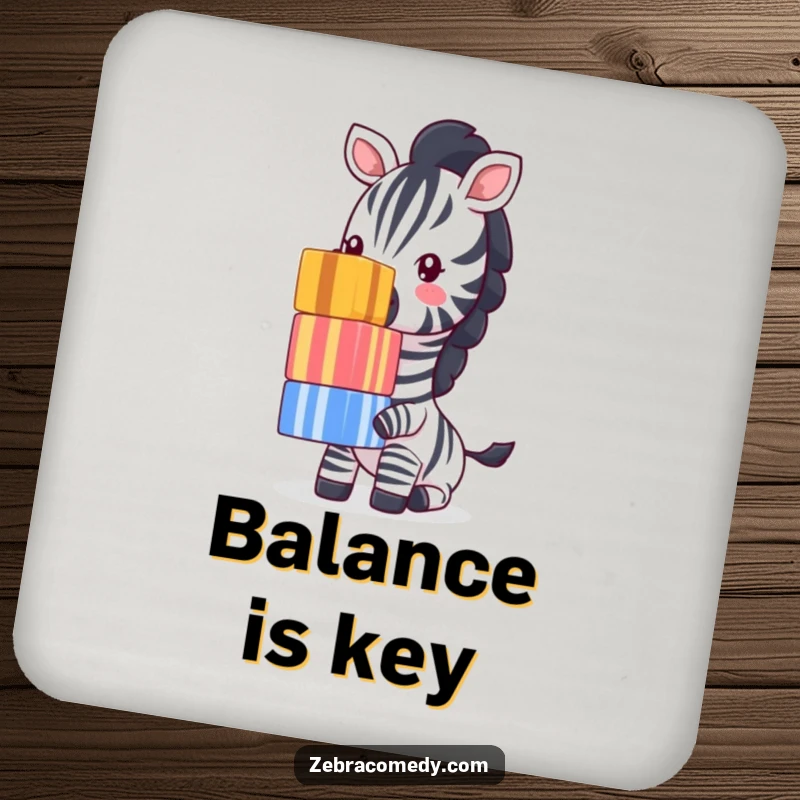 Funny Zebra Coaster: A determined zebra balances a tall stack of colorful striped cubes on its nose, protecting surfaces with comedic charm.