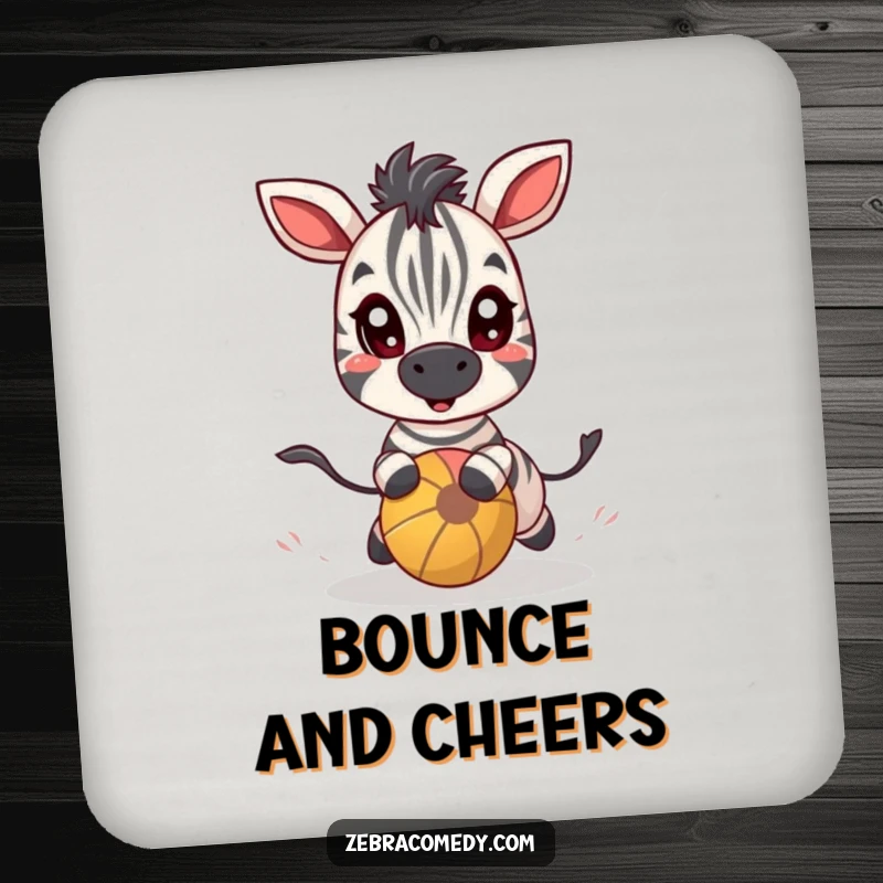 Funny zebra character with wide, excited eyes chasing a bouncy ball, printed on a drink coaster for playful surface protection.