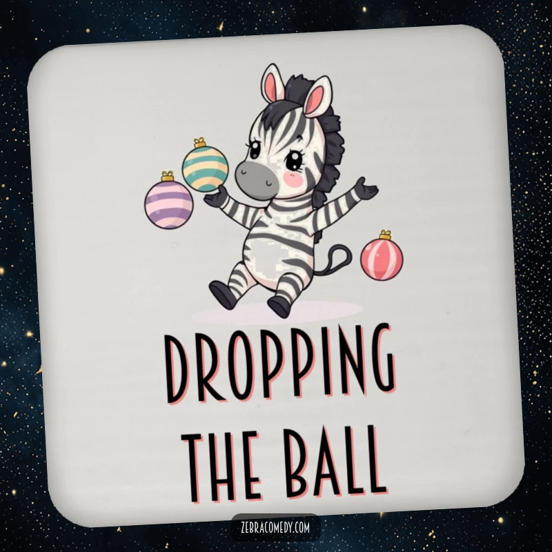 Funny Zebra Coaster: A zebra comically tripping while juggling baubles, protecting surfaces with humor.