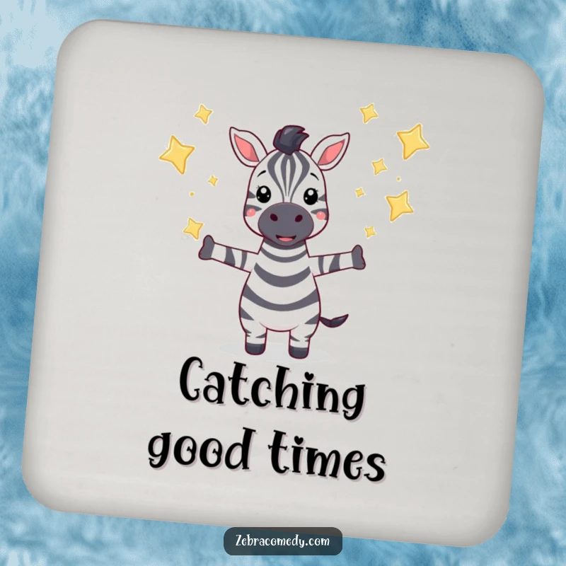 Funny drink coaster with a zebra character catching falling sparkling stars, adding whimsical charm to table protection.