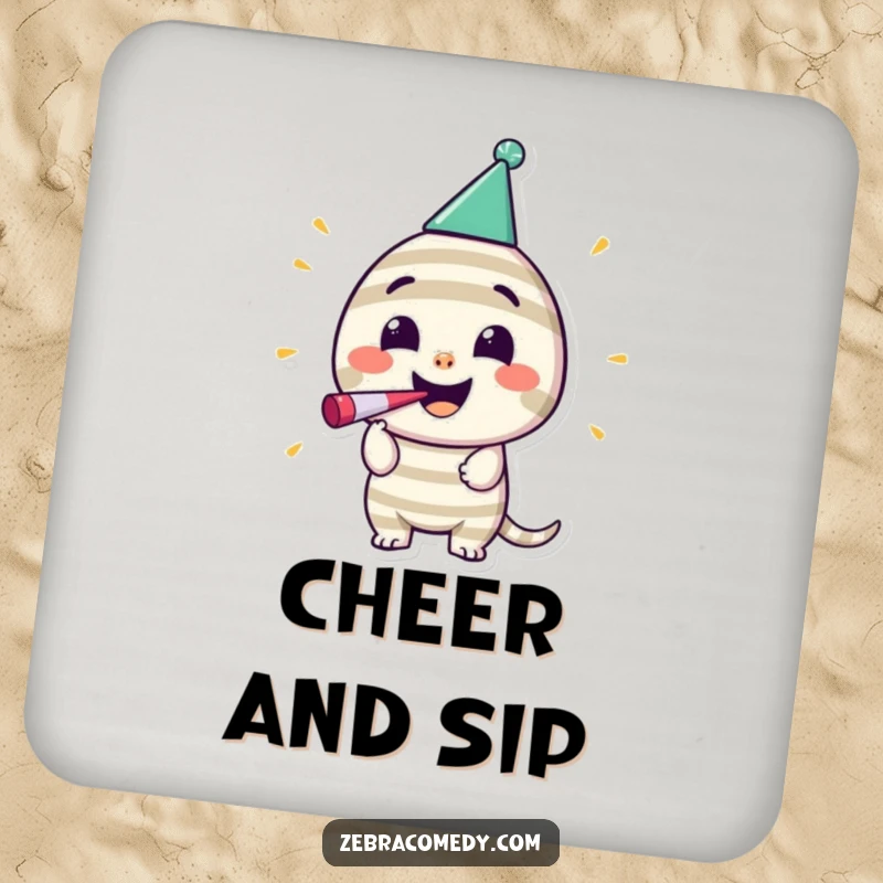 Funny Striped Party Coaster: A happy striped character wears a party hat and blows a noisemaker, bringing festive vibes.