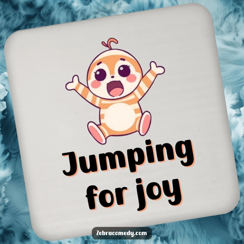 Funny drink coaster with a surprised striped character joyfully leaping, adding a humorous touch to any surface protection.