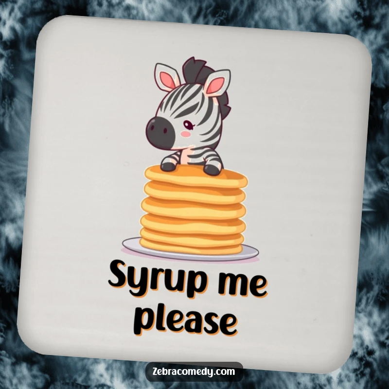 Funny tiny zebra pancake drink coasters featuring a small zebra balancing a wobbly stack of pancakes, perfect for breakfast-themed decor.