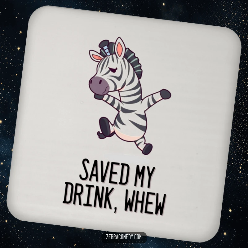Funny zebra character in a mid-air surprise pose after tripping on a drink coaster, adding humorous protection.