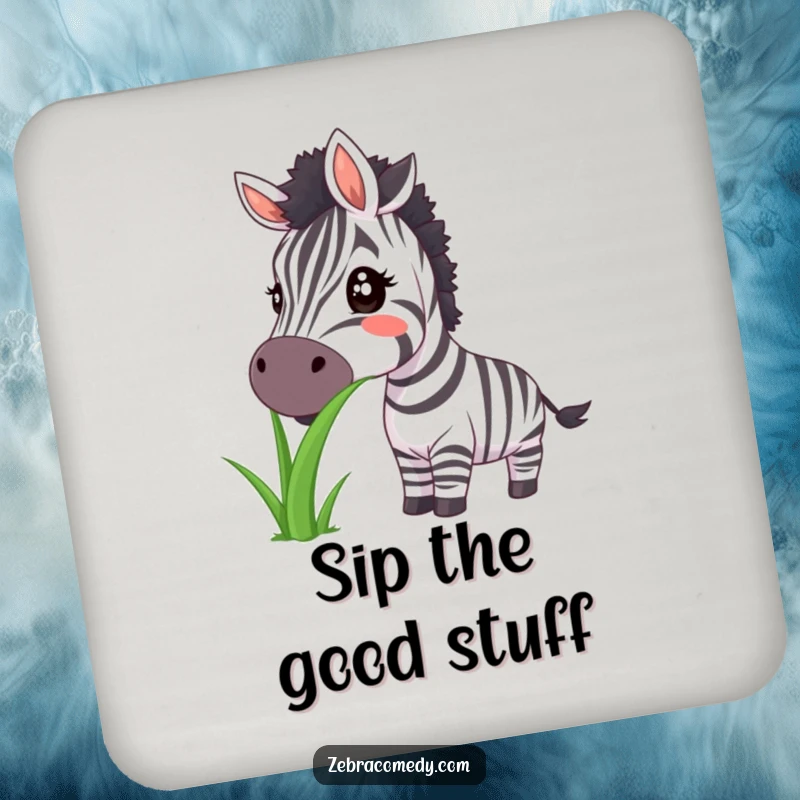 Funny zebra coaster showing a big smile while eating large grass, protecting surfaces with playful charm.
