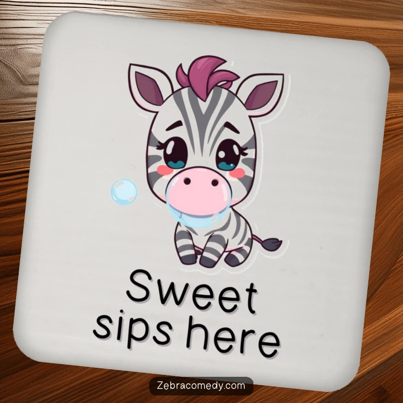 Funny drink coaster featuring a cheerful zebra character blowing a bubble, adding a humorous and protective touch.
