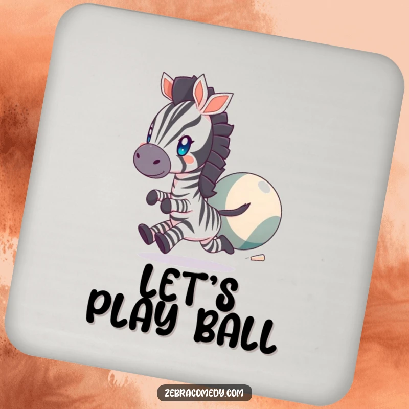 Funny Drink Coaster showcasing a zebra character with bright, twinkling eyes, chasing a large bouncing ball, a humorous and practical item.