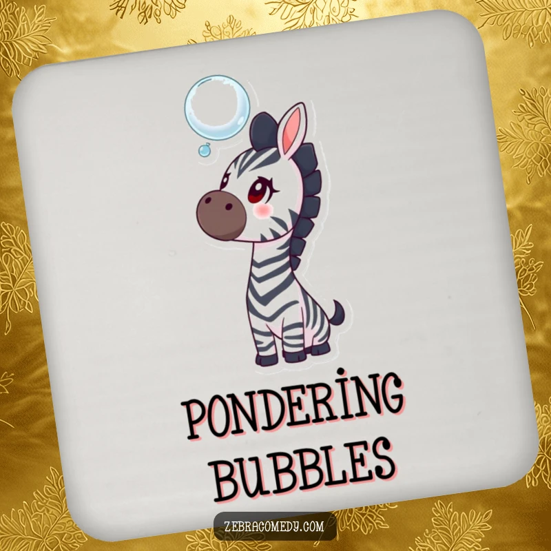 Funny zebra drink coasters featuring a curious zebra observing a bubble, adding a whimsical and protective touch to any table.