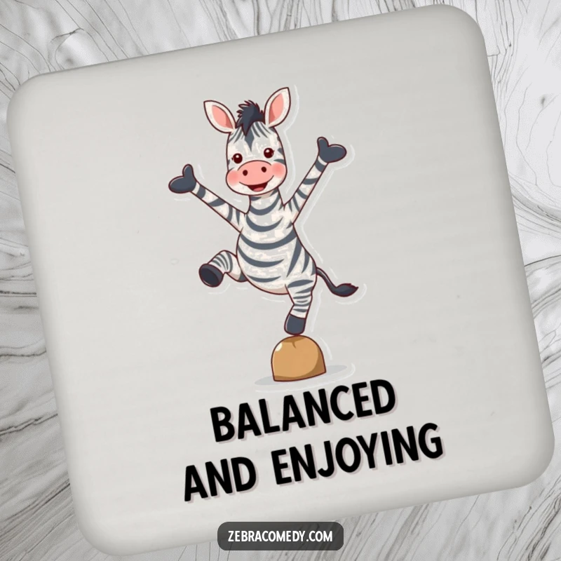 Funny Zebra Coasters: A set of coasters featuring a zebra balancing on one hoove, arms spread wide in pure delight.