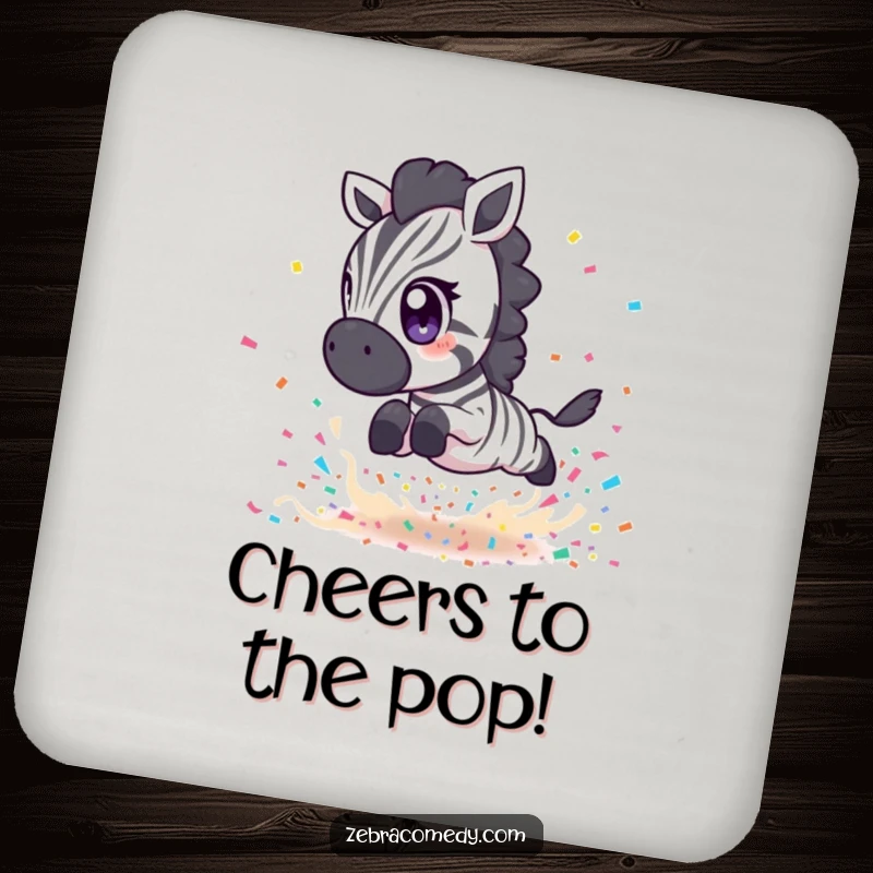 Funny Zebra Coasters: A zebra leaping over confetti, protecting tables with style, perfect gift.