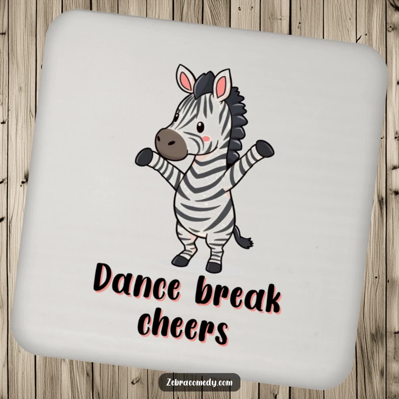 Funny zebra character doing a silly dance with legs up, a protective and decorative coaster for drinks.