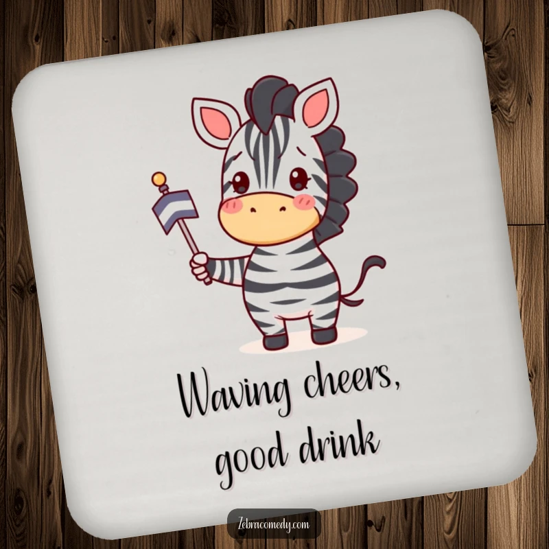 Funny Zebra Coaster: A happy zebra waves a striped flag with enthusiastic cheer, adding joyful protection to your table.