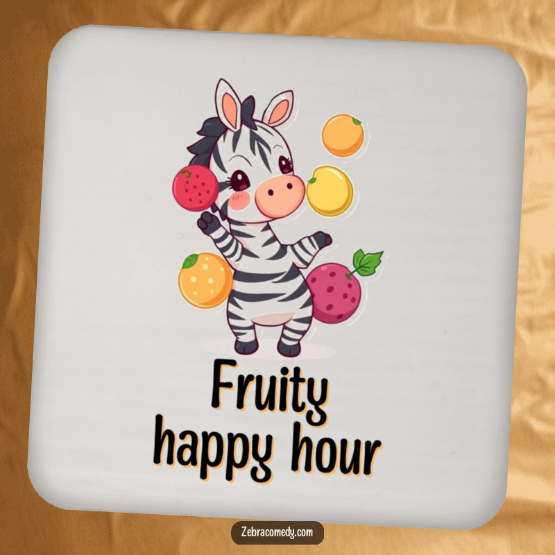 Funny zebra character juggling bright fruits, a protective and decorative coaster for drinks.