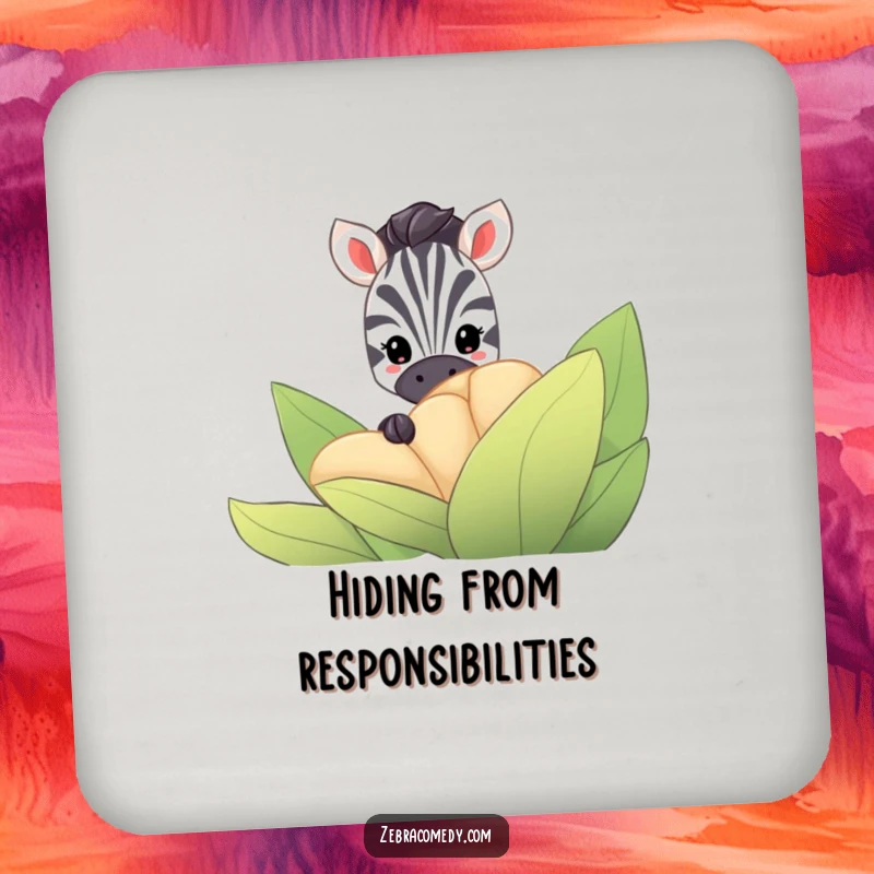 Funny Zebra Coaster: A shy zebra hides behind a large, striped flower, its eyes conveying playful curiosity, protecting surfaces with charm.