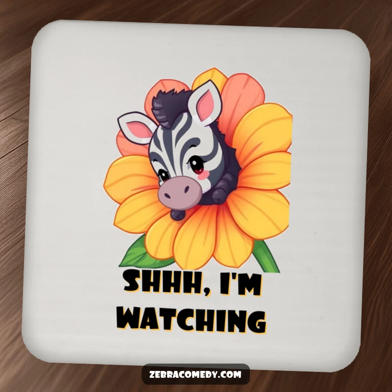 Funny drink coaster featuring a curious zebra character peeking from behind a flower, adding a humorous and protective touch.